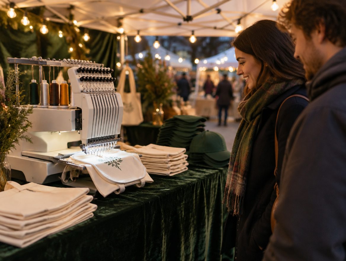 An embroidery booth under string lights, stitching a tote while guests watch