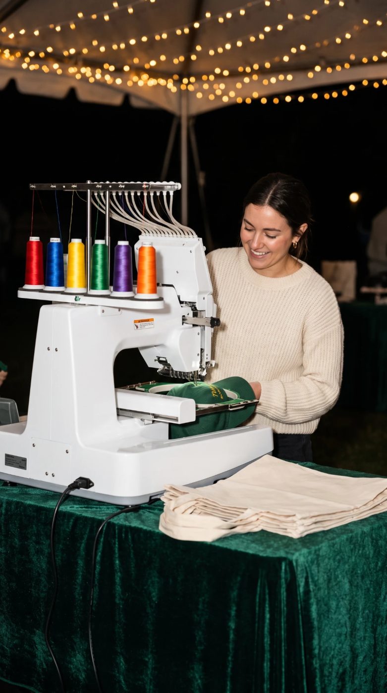 Live embroidery on a cap at the Threadify booth during an evening event